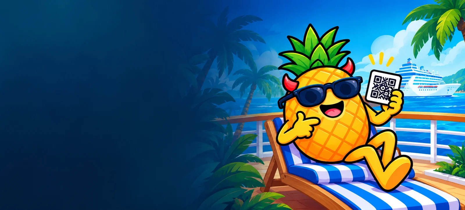 A mischievous pineapple in sunglasses holding a QR sticker on a sunny cruise deck